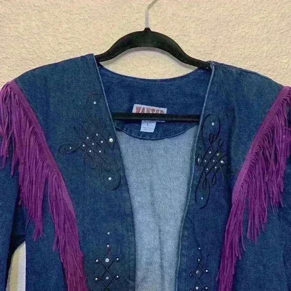 Wanted by Beads Beautiful fringe denim jacket sz L western cowgirlcore 90s - Picture 3 of 7